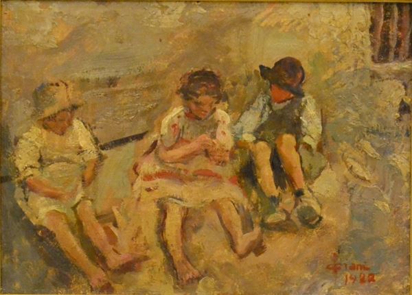 Cesare Ciani ( Firenze 1854-1925 )  ORA DI RICREAZIONE  olio su cartone, cm 23x30