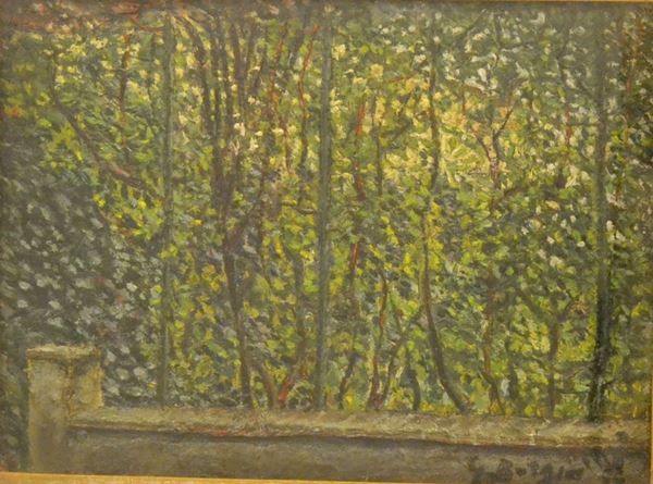 Guido Borgianni ( New York 1915-Firenze 2011 )  MURETTO CON GIARDINO  olio su cartone, cm 28x37   datato 1936