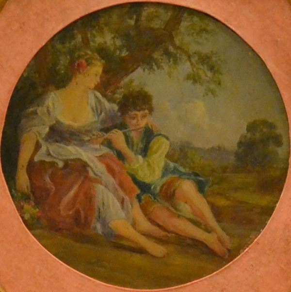 Scuola Italiana, sec. XIX  FIGURE SEDUTE  olio su rame circolare, cm 15