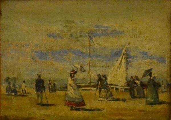 Scuola Italiana, sec. XIX  FIGURE SULLA SPIAGGIA  olio su tela, cm 25x17
