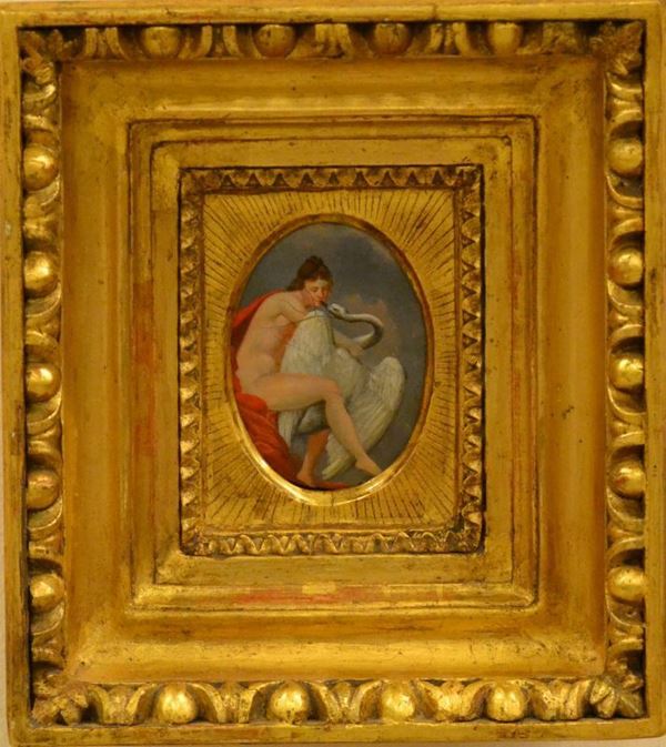 Scuola Neoclassica, sec. XIX  LEDA E IL CIGNO  olio su tavola, cm 32x28