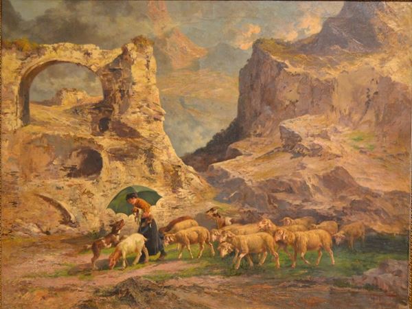 John Giovanni Califano (1864 - 1946)                                   LA PASTORELLA E IL GREGGE                                                    olio su tela, cm 99,5x131                                                    firmato