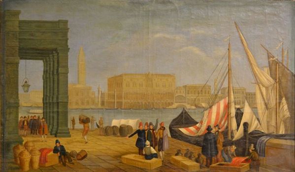Scuola veneta,  sec. XIX VEDUTA DI VENEZIA olio su tela, cm 70x110