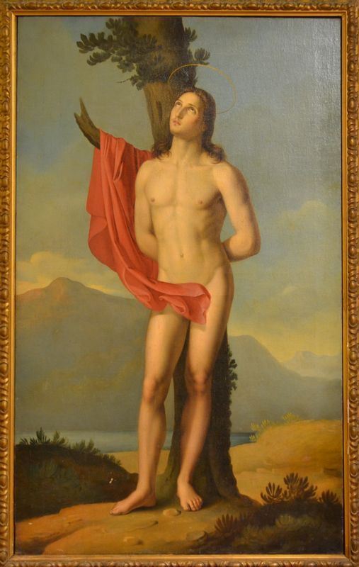 Scuola italiana, sec.XIX SAN SEBASTIANO olio su tela, cm 153x93 sul retro del telaio due bolli in ceralacca