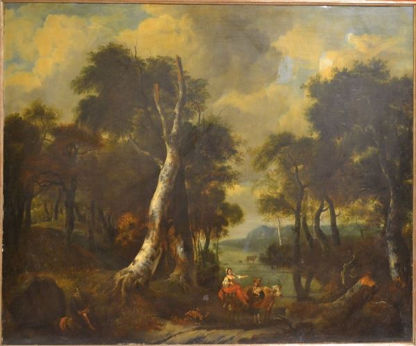 Maniera della pittura olandese PAESAGGIO CAMPESTRE CON PASTORELLI E ARMENTI olio su tela, cm 151x186