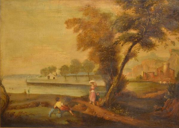 Maniera della pittura veneta del Settecento PAESAGGIO CON CONTADINI olio su tela, cm 80.5x110.5