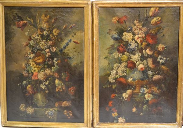 Maniera della pittura di natura morta del Sei-Settecento COMPOSIZIONI FLOREALI coppia di dipinti ad olio su tela cm 99x66.5 ciascuno(2)