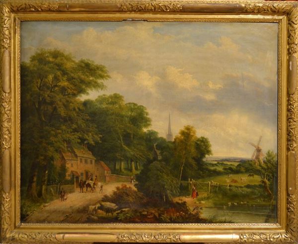 Scuola olandese, sec.XIX PAESAGGIO CON MANIERO E CAVALIERI olio su tela, cm 112.5x142