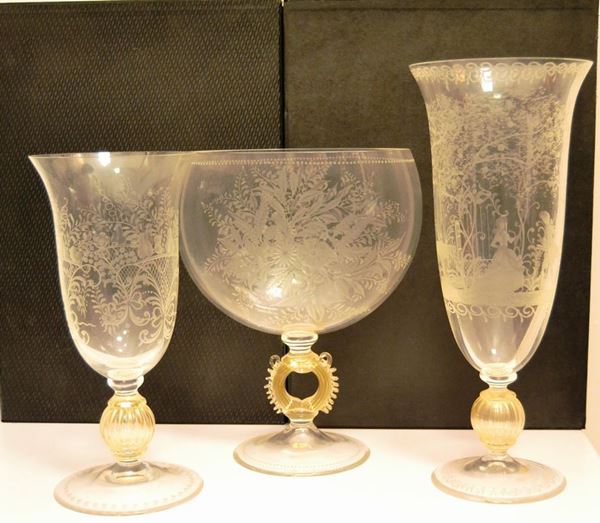 Tre coppe in vetro di murano, sec. XX, incise, manifattura Cenedese e Albarelli, firmate (3)