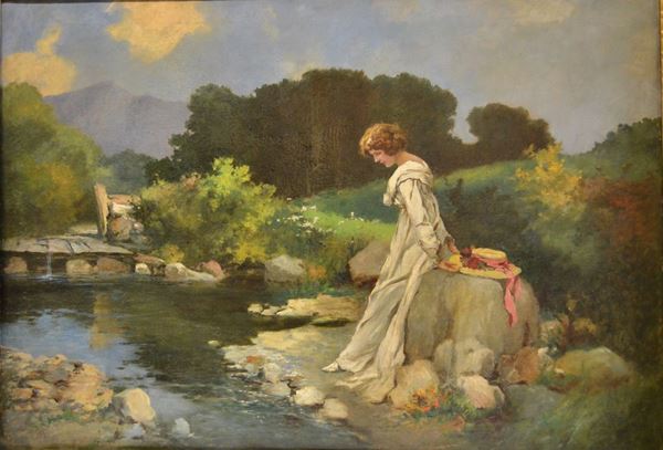 A firma Neogrady Antal    FANCIULLA IN RIVA AL FIUME                                                    olio su tela, cm 90x130                                                      firmato