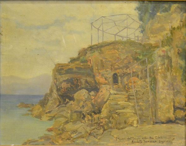 Renato Javarone ( Capri 1926 )  I RUDERI DEL TEMPIO DELLA DEA CIBELE  olio su tela, cm 45x35