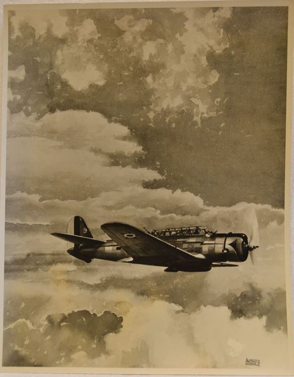 AEROPLANO                                                                   riproduzione fotografica ai sali d'argento di un'acquarello raffigurante    aeroplano,  cm 27x32