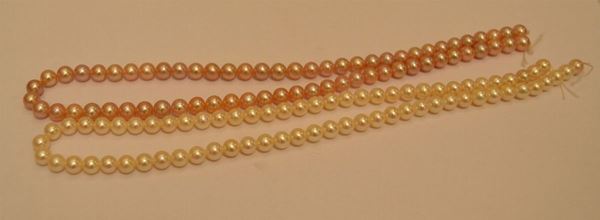 Filo di perle di acqua dolce, mm 5,5, e collana di perle di fiume rosa cupo, mm 6 (2)