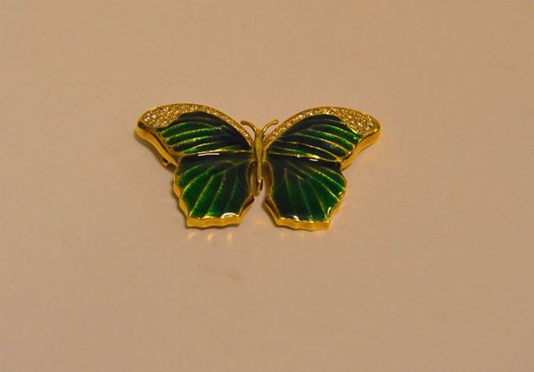 Spilla in oro a forma di farfalla, con smalti e brillantini, oro g 14