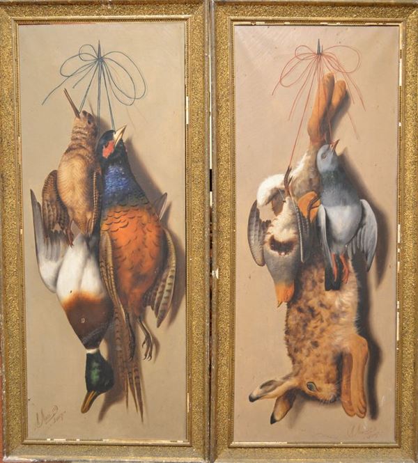 Michelangelo Meucci    (Firenze 1840 - 1909)   COPPIA DI NATURA MORTA CON CACCIAGIONE  olio su tela, cm 99x38,5  firmato e datato Firenze 1897 (2)