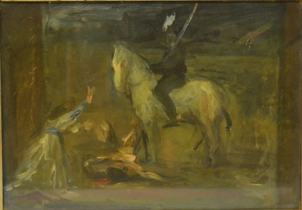 Attribuito a Gianni Vagnetti    (Firenze 1899 - 1956)   FIGURE A CAVALLO   olio su cartone, cm 25x35
