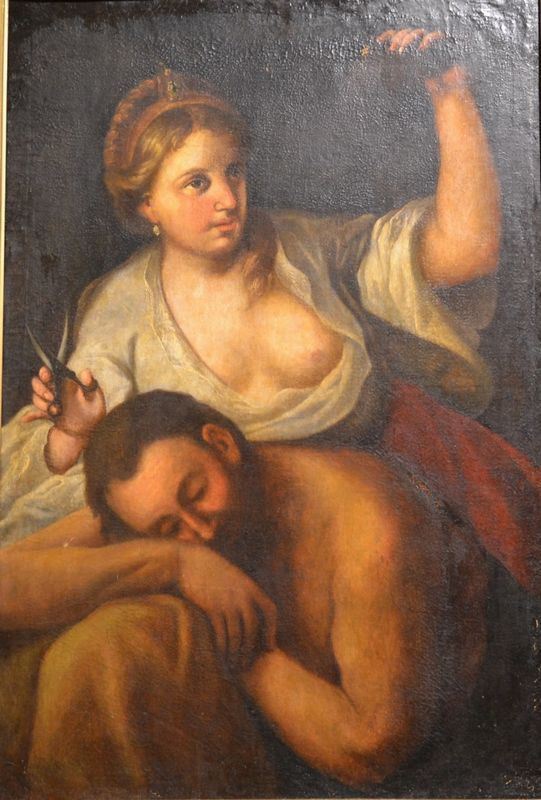 Scuola bolognese, secc. XVII - XVIII    Sansone e Dalila   olio su tela, cm 120x90