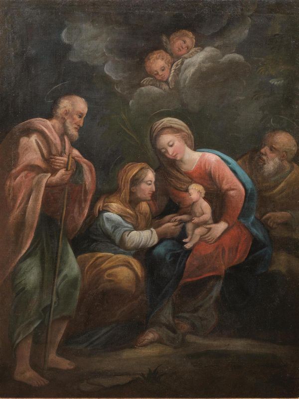 Scuola Italia centrale, sec. XVIII   SACRA FAMIGLIA CON SANTA ELISABETTA E GIOACCHINO  olio su tela, cm 112,5x85