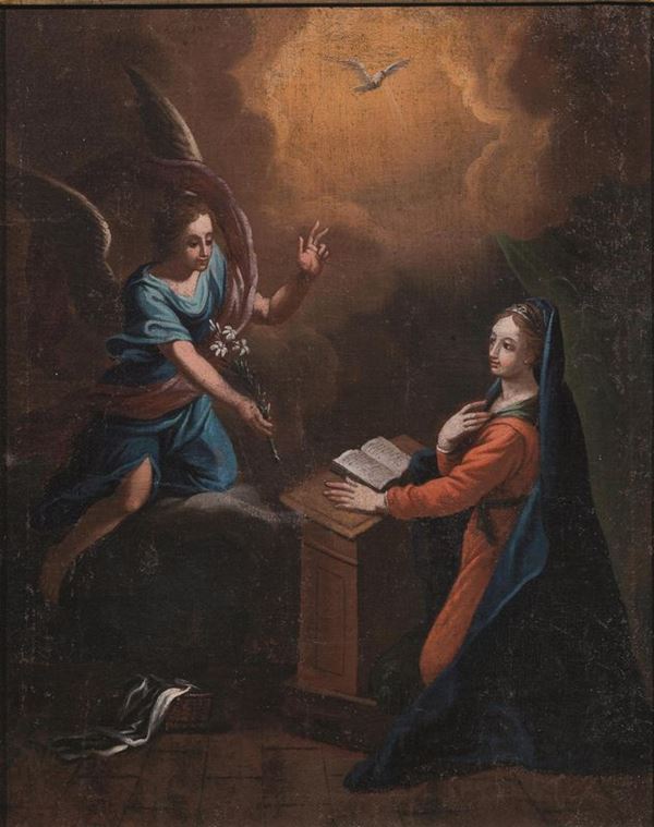 Scuola romana, fine sec. XVIII  ANNUNCIAZIONE   olio su tela, cm 69,5x57