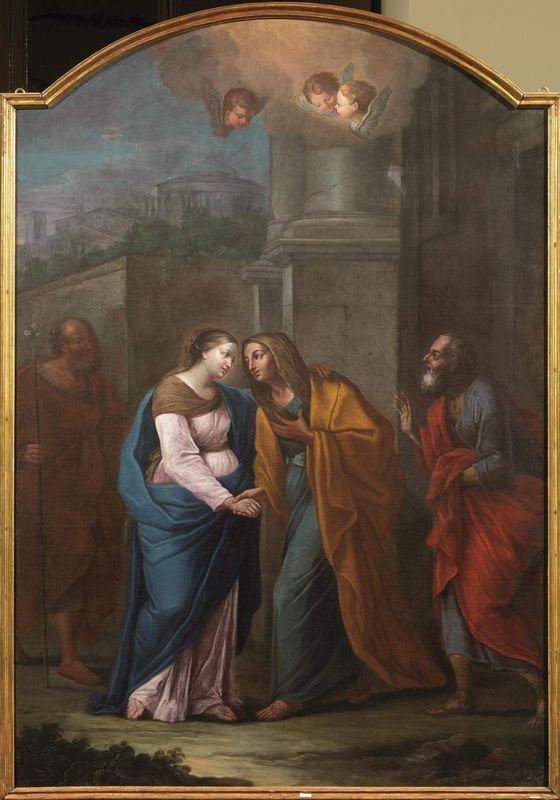 Scuola Italia centrale, sec. XVIII    VISITAZIONE    olio su tela sagomata, cm 197,5x143,5