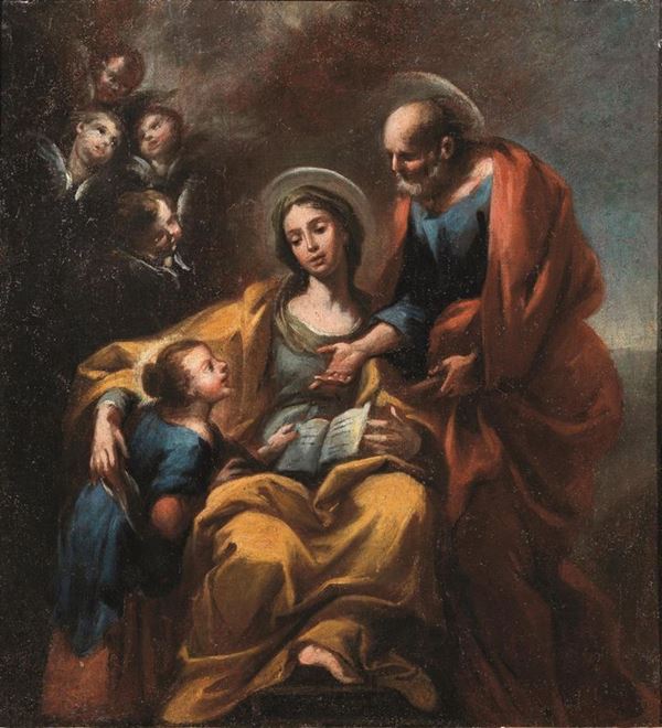 Scuola veneta, sec. XVIII    EDUCAZIONE DELLA VERGINE CON ANNA E GIOACCHINO   olio su tela, cm 82x75