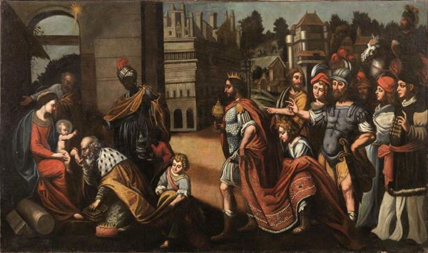 Scuola nordeuropea, sec. XVII    ADORAZIONE DEI MAGI    olio su tela, cm 150,5x256, senza cornice