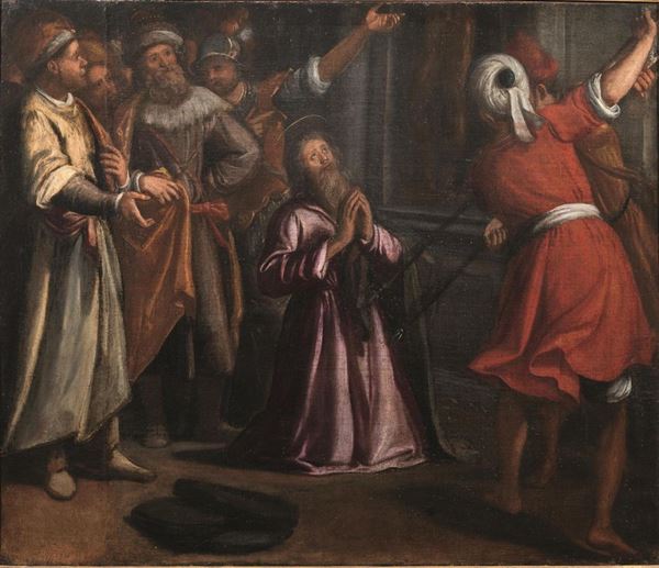 Scuola toscana, sec. XVII   MARTIRIO DI UN SANTO   olio su tela, cm 126x148,5