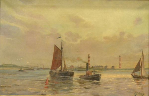 Scuola Inglese, sec. XIX   MARINA CON BARCHE   olio su tela, cm 67x44