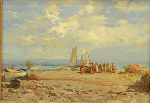 Scuola Italiana, sec. XX   SPIAGGIA CON BARCHE E PESCATORI   olio su tavoletta, cm 55,5x39    firmato Giannaccini