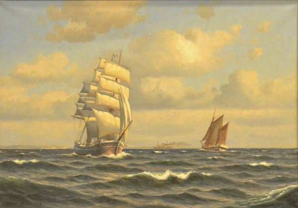 Scuola Nord Europa    MARINA CON VELIERI   olio su tela, cm 100x70   firma illeggibile datato 1934