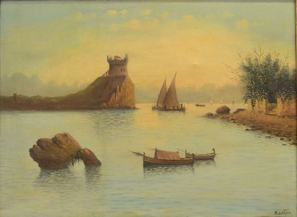 G. Castagna, sec. XX   MARINA CON BARCHE   olio su tela, cm 70x95  - Asta Gioielli,  Argenti, Mobili, Oggetti d'arte e Dipinti - Poggio Bracciolini Casa d'Aste
