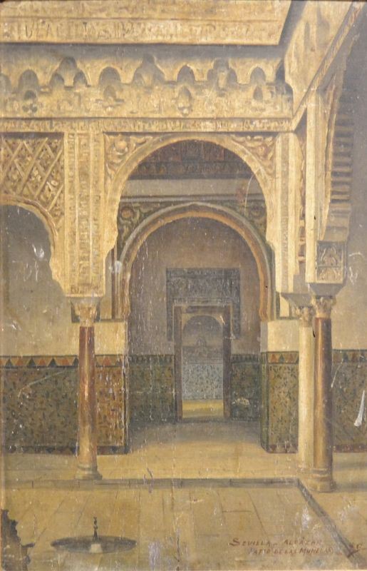 Scuola del sec. XIX   CORTILE ORIENTALE   olio su tela, cm 41x27   sul retro: cartiglio con iscrizione Sevilla Alalar Patio de las Munecas   danni alla cornice  - Asta Gioielli,  Argenti, Mobili, Oggetti d'arte e Dipinti - Poggio Bracciolini Casa d'Aste