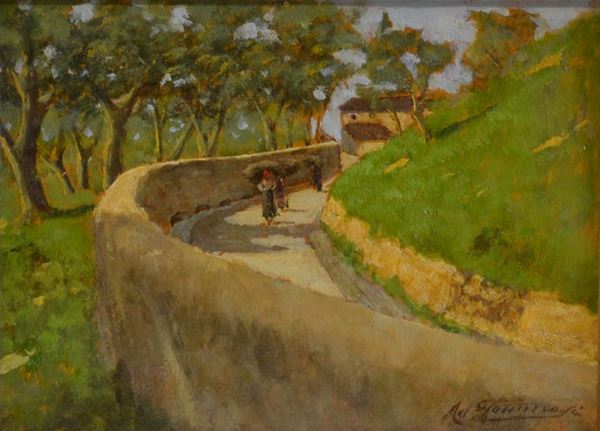 Adolfo Tommasi    (Livorno 1851 - Firenze 1933)    STRADINA DI CAMPAGNA    olio su cartoncino, cm 16x22   firmato  - Asta Gioielli,  Argenti, Mobili, Oggetti d'arte e Dipinti - Poggio Bracciolini Casa d'Aste