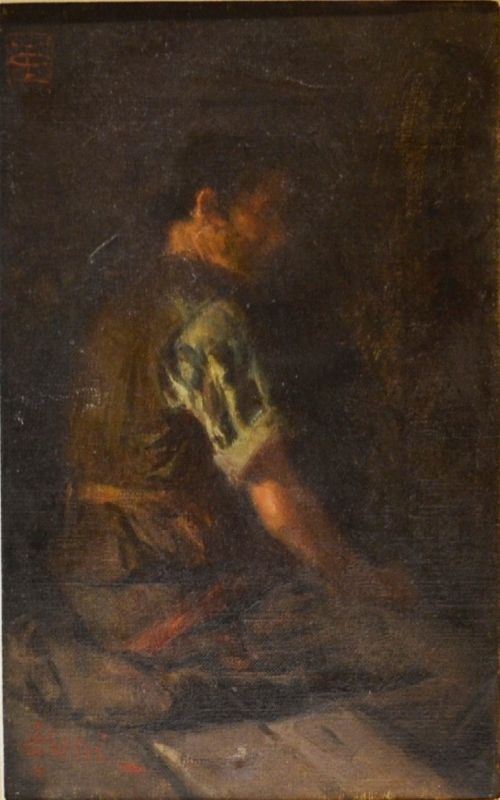 Cesare Ciani     (Firenze 1854 - 1925)    UOMO SEDUTO   olio su tela, cm 23x24.5     firmato