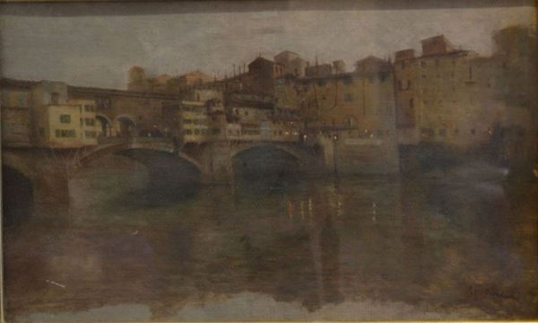 Alfonso Hollaender   (Ratisbona 1845 - Firenze 1923)     VEDUTA DI PONTE VECCHIO   olio su tela, cm 29x46    firmato