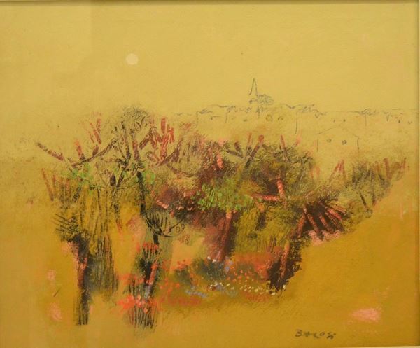 Manlio Bacosi   ( Perugia 1921-1998 )   PAESAGGIO   tecnica mista su tela, cm 50x60  - Asta Gioielli,  Argenti, Mobili, Oggetti d'arte e Dipinti - Poggio Bracciolini Casa d'Aste