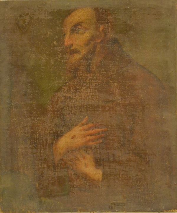 Scuola italiana, sec. XVIII   FIGURA RELIGIOSA   olio su tela, cm 70x58   danni  - Asta Gioielli,  Argenti, Mobili, Oggetti d'arte e Dipinti - Poggio Bracciolini Casa d'Aste