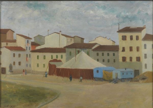 Dante Rossi   (Firenze 1907 - 1986)   PIAZZA TASSO    olio su tavola cm 40x51,5    firmato e datato '41  - Asta Gioielli,  Argenti, Mobili, Oggetti d'arte e Dipinti - Poggio Bracciolini Casa d'Aste