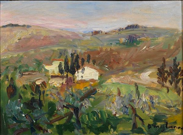 Dino Migliorini   (San Donato in Collina 1907 - Firenze 2005)   CAMPAGNA TOSCANA CON CASOLARE   olio su cartone, cm 38x50    firmato  - Asta Gioielli,  Argenti, Mobili, Oggetti d'arte e Dipinti - Poggio Bracciolini Casa d'Aste