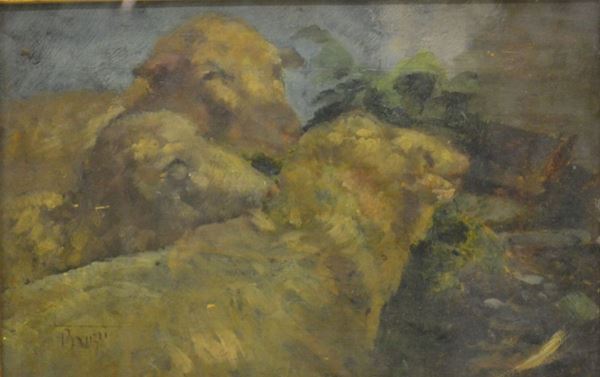 Stefano Bruzzi  (Piacenza 1835 - Piacenza 1911)   CAPRONI   olio su tavola, cm 20x30   firmato