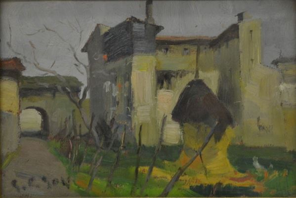 Gino Paolo Gori    (Firenze 1911 - 1991)    CASA COLONICA   olio su cartone, cm 20x30    firmato  - Asta Gioielli,  Argenti, Mobili, Oggetti d'arte e Dipinti - Poggio Bracciolini Casa d'Aste