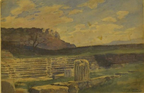 F.Gusma   ROVINE IN UN PAESAGGIO  acquerello su carta, cm 20x30   firmato e datato 1895  - Asta Gioielli,  Argenti, Mobili, Oggetti d'arte e Dipinti - Poggio Bracciolini Casa d'Aste
