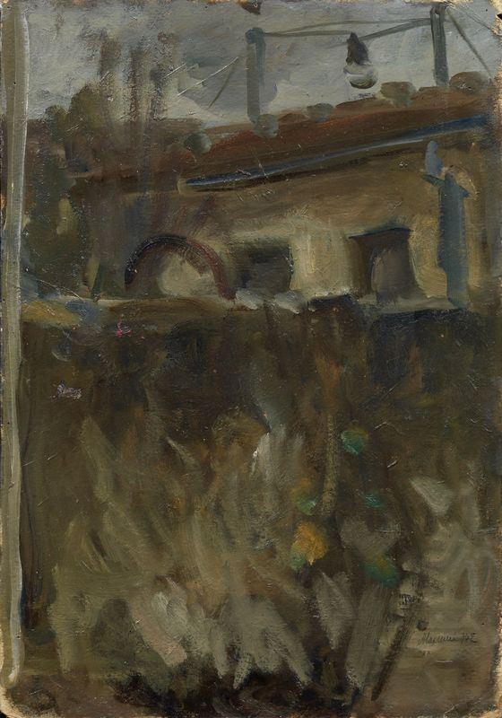 Mario Marcucci   (Viareggio 1910 - 1992)  SCORCIO DI CASA   olio su cartone, cm 40x30    firmato  - Asta Gioielli,  Argenti, Mobili, Oggetti d'arte e Dipinti - Poggio Bracciolini Casa d'Aste