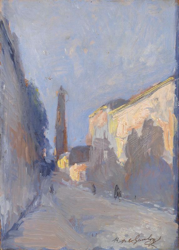 Raffaello Gambogi   (Livorno 1874 - 1943)   SCORCIO DI STRADA   olio su compensato, cm 36x28    firmato  - Asta Gioielli,  Argenti, Mobili, Oggetti d'arte e Dipinti - Poggio Bracciolini Casa d'Aste