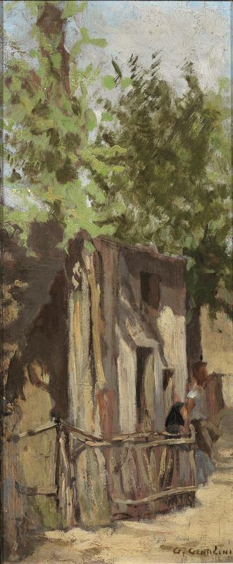 Giorgio Gentilini   PICCOLO SCORCIO DEL CASONE   olio su tavoletta, cm 31x12,5    firmato  - Asta Gioielli,  Argenti, Mobili, Oggetti d'arte e Dipinti - Poggio Bracciolini Casa d'Aste