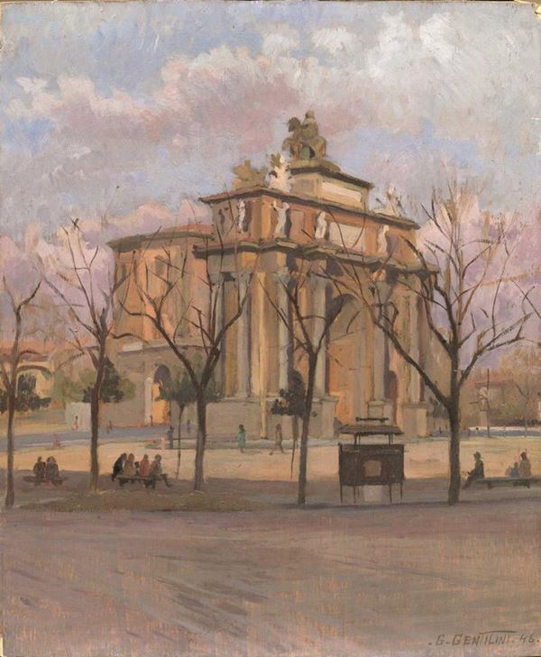 Giorgio Gentilini   PIAZZA DELLA LIBERTA'   olio su compensato, cm 46x37,5    senza cornice, firmato e datato '46  - Asta Gioielli,  Argenti, Mobili, Oggetti d'arte e Dipinti - Poggio Bracciolini Casa d'Aste
