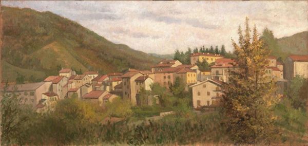 Giorgio Gentilini   VEDUTA DI MONTEPIANO   olio su compensato, cm 49x37   senza cornice  - Asta Gioielli,  Argenti, Mobili, Oggetti d'arte e Dipinti - Poggio Bracciolini Casa d'Aste