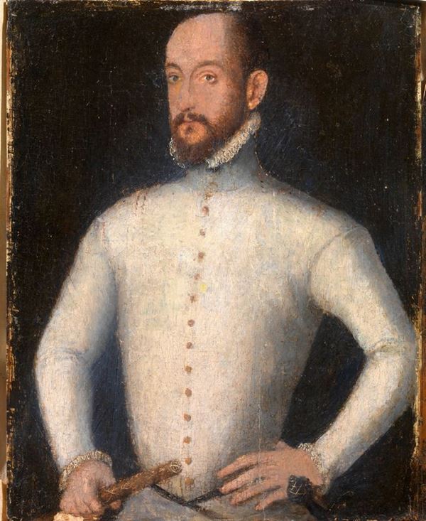 Scuola franco-fiamminga, inizi sec. XVII    RITRATTO VIRILE CON MAZZA E SPADINO   olio su tavoletta, cm 21,5x18    restauri  - Asta Gioielli,  Argenti, Mobili, Oggetti d'arte e Dipinti - Poggio Bracciolini Casa d'Aste