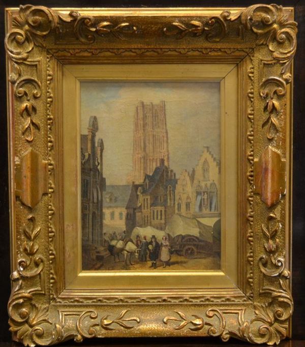 Scuola Olandese, sec. XIX   VEDUTA DI CITTA'   olio su tela, cm  22,5x17  - Asta Gioielli,  Argenti, Mobili, Oggetti d'arte e Dipinti - Poggio Bracciolini Casa d'Aste