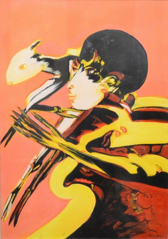 Remo Brindisi   (Roma 1918 - 1996)    FIGURA FEMMINILE   olio su tela, cm 70x50   firmato sul retro  - Asta Gioielli,  Argenti, Mobili, Oggetti d'arte e Dipinti - Poggio Bracciolini Casa d'Aste